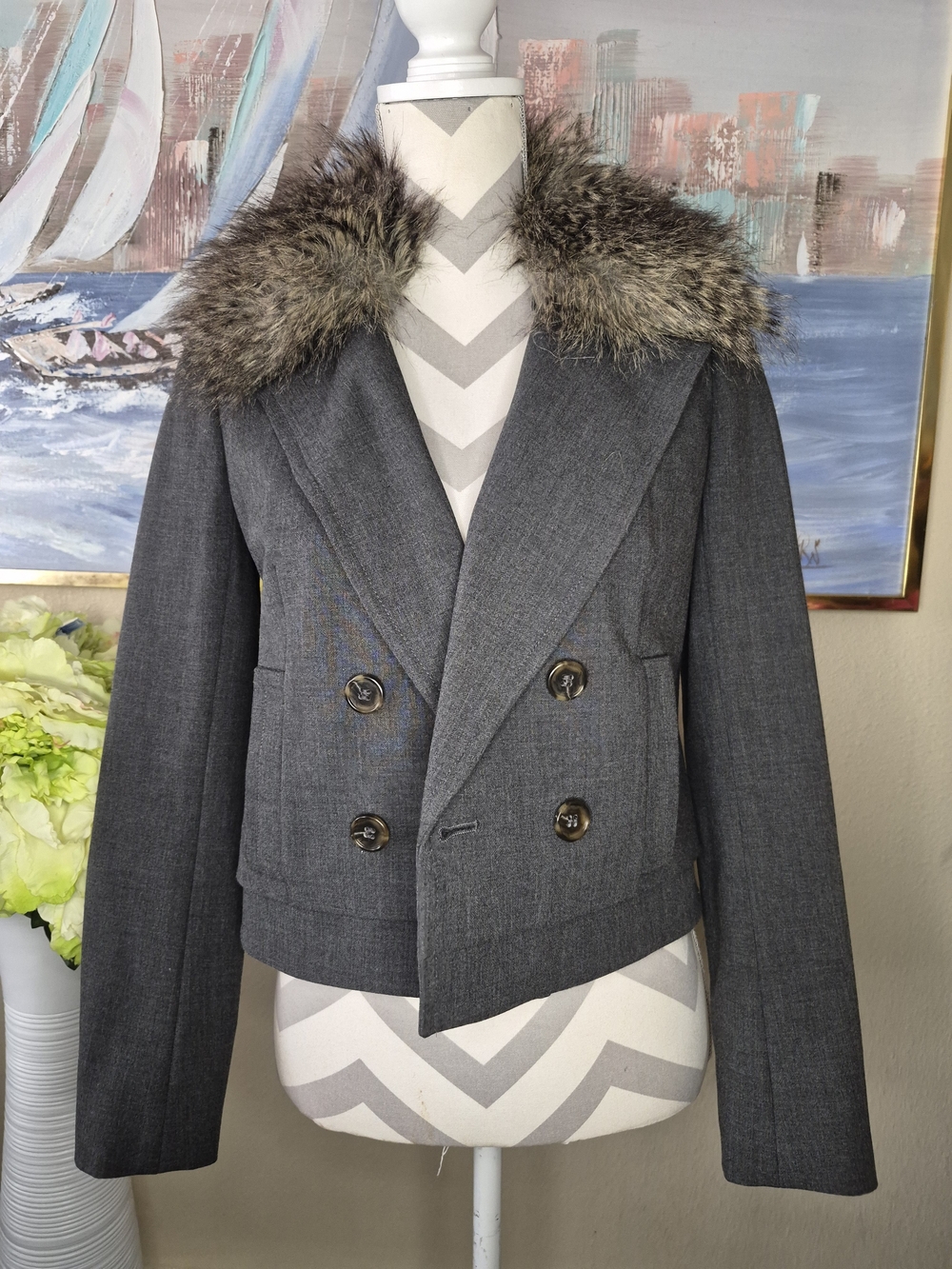 Ann Taylor Charcoal Gray Double-Breasted Pea Coat with Faux Fur Collar